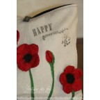 Sac cabas lin écru et fleurs en feutre rouge et vert "Happy..."
