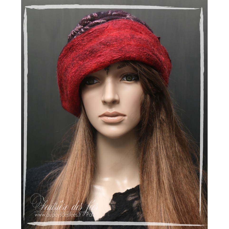 Chapeau femme bordeaux, rouge et noir... en feutre artisanal et soie "Séraphine"