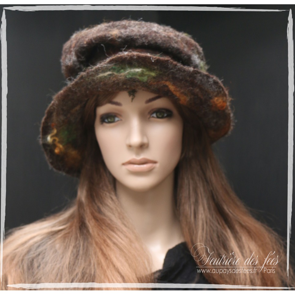 Chapeau femme marron, ocre et vert en feutre artisanal "La fille du chapelier"