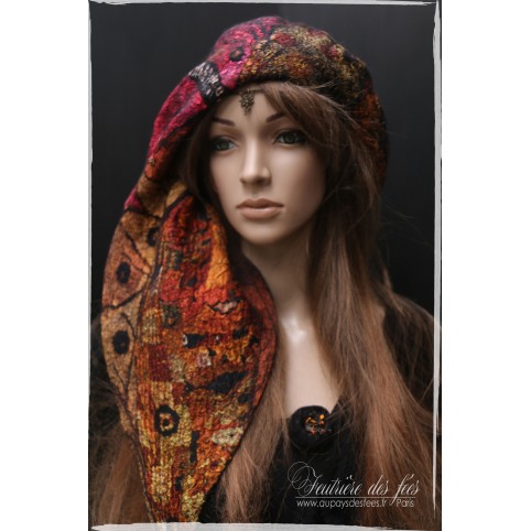 Béret femme ocre, rouge et noir en feutre artisanal et soie "Une aventure avec Klimt"