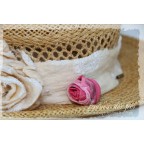 Broche pic à chapeau fleur, rose et vert en soie peinte à la main "Eglantine"