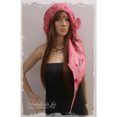 Béret long asymétrique femme rose, bordeaux en feutre artisanal et soie "Rock 'n' flower"