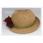 Chapeau d'été femme beige, rouge et vert en feutre artisanal et raphia "Bucolic walk"