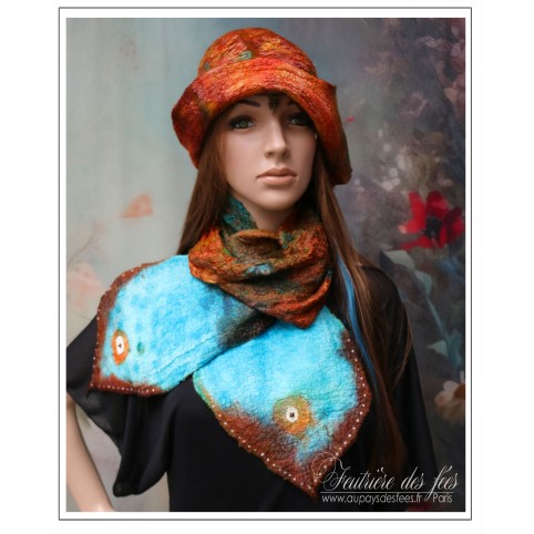 Echarpe cachette secrète femme brun, turquoise et orange en feutre artisanal et soie "Morphée"