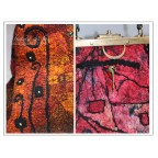 Sac de voyage femme, feutre artisanal,  soie, ocre, rouge, orange, noir "Week-end avec Klimt..." 