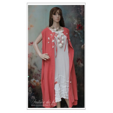 Ensemble robe et sur-robe double gaze et voile de coton, illustrations en feutre artisanal "Cotton flower"